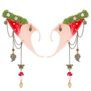 Imagem de FRESHME Orelhas de elfo de cogumelo renascentista - fantasia de cogumelo orelhas de fada com piercings, acessórios de floresta renfaire de Halloween, Vermelho, tamanho �nico