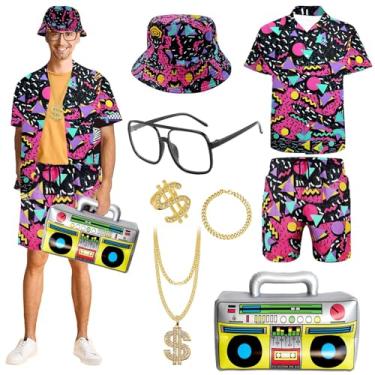 Imagem de Conjunto de 8 peças de roupas masculinas dos anos 80, 90, agasalhos, camisas e shorts, hip hop, vestido chique para festa havaiana de rock e discoteca, Vermelho, XXG