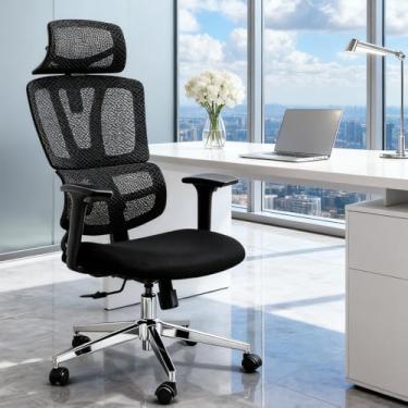 Imagem de Daksan Cadeira de Escritório Presidente Ergonômica Giratória com Encosto Alto em Mesh Respirável, Apoio Lombar Ajustável, Base Reforçada e Rodízios Silenciosos -Preto/Cinza (Preto)