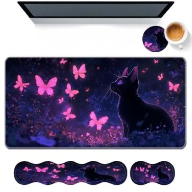 Imagem de DHEEBFWE Conjunto de mouse pad de teclado, grande mesa + descanso de pulso para teclado + suporte de pulso para mouse + porta-copos para alívio da dor fácil de digitar, suporte de pulso antiderrapante