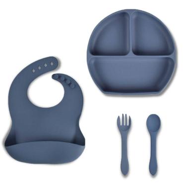 Imagem de Babador Prato Com Divisória Talheres Luxo Silicone Azul Baby