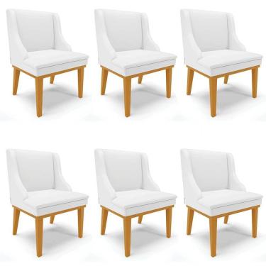 Imagem de Kit 6 Cadeiras Estofadas Sala de Jantar Base Fixa de Madeira Castanho Lia Sintético Branco - Ibiza