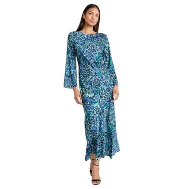 Imagem de Donna Morgan Vestidos femininos de manga comprida e gola redonda floral com abertura nas costas, Preto/manjericão, 44