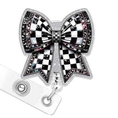 Imagem de Carretel de crachá com laço quadriculado preto e branco para cartão de identificação, suporte retrátil de enfermeira, fita de coquete para cuidados de saúde, carretéis de crachá com glitter para