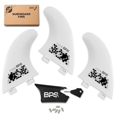 Imagem de Barbatanas de prancha de surf BPS reforçadas com fibra de vidro (3) + parafusos e pente de cera! Conjunto de quilhas de surfe com propulsor flexível de vidro (estilo FCS G5 M5) – conjunto de triplas quilhas para prancha de surf FCS Futures Fins (FCS G5 M5), Branco