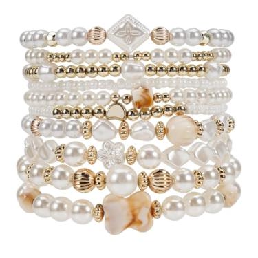 Imagem de Twinfree Conjunto de 10 pulseiras elásticas empilháveis de pérolas simuladas com contas ajustáveis multicamadas para mulheres, joias de casamento, One Size, Miçangas, Sem Pedra Preciosa