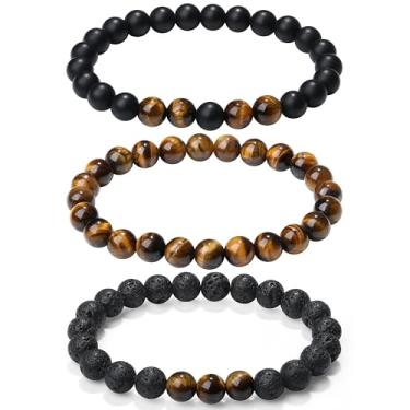 Imagem de XIANNVXI Conjunto de pulseiras masculinas com contas de pedra natural de 3/4 peças, 8 mm, olho de tigre, pedra vulcânica, obsidiana, cristal preto, contas elásticas para homens e mulheres, joias