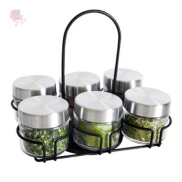 Imagem de Kit porta condimentos em vidro com tampa e suporte em metal