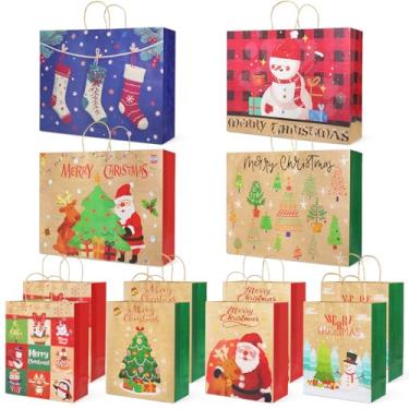 Imagem de 12 peças de sacos de presente de Natal Kraft tamanhos variados sacos de papel gigantes de Natal médios com alças sacos de presente com estampas de Natal para embrulho de presente de Natal suprimentos