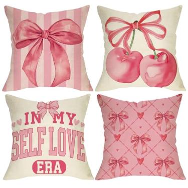 Imagem de Fjfz Capas de almofada decorativas com laço de coquete rosa 50 x 50 conjunto de 4, decoração de quarto feminino com estampa de coração de cereja, decoração de casa, decoração de casa, em My Self Love