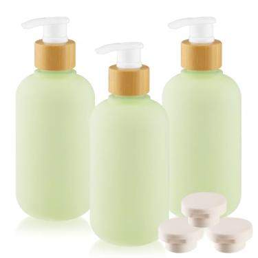 Imagem de Dispensador de sabão de banho de plástico de 300 ml com bomba de bambu e tampa de plástico para banheiro, cozinha, sabonete líquido, shampoo, saboneteira, gel - verde