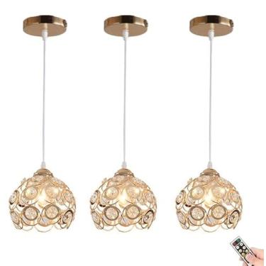 Imagem de Luminária pendente recarregável operada por bateria com controle remoto Luminária de teto de cristal para ilha de cozinha Mesa de jantar Sala de estar Quarto Luminária sem fio (dourado)