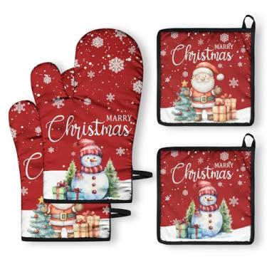 Imagem de QXWREL Conjuntos de luvas de forno e suportes de panela de Natal com 2 luvas de forno resistentes ao calor e almofadas quentes para cozinha, luvas macias para forno e churrasqueira, itens essenciais e