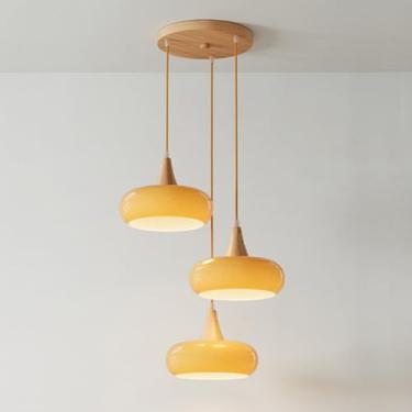 Imagem de Luminária pendente de 3 luzes, vidro, candelabro com detalhes em madeira, luminária de teto, iluminação pendente nórdica de madeira para cozinha, ilha, sala de jantar