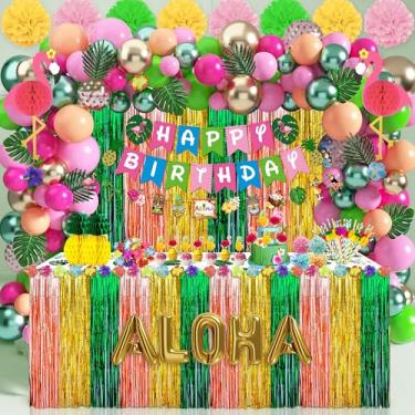 Imagem de Decorações de festa de aniversário havaiana Luau Tropical Aloha Artigos de festa com cortinas de franja, saia de mesa, kit de arco de balão, faixa, para tema de férias de verão na praia