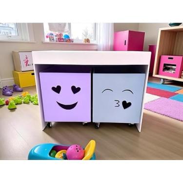 Imagem de Organizador de brinquedos caixa organizadora em MDF gaveta emoji coração feliz infantil com rodinhas (Lilás e cinza)