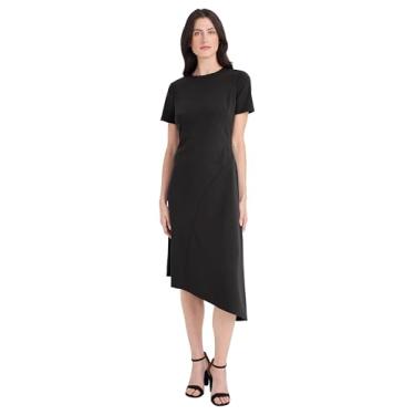 Imagem de Maggy London Vestidos de trabalho midi femininos de manga curta com gola redonda e bainha assimétrica para convidados de casamento, Preto, 34
