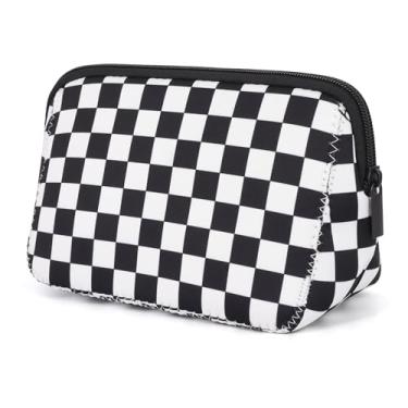 Imagem de AJLTPA Bolsa de cosméticos à prova d'água de neoprene com zíper bolsa de viagem portátil de higiene pessoal bolsa organizadora para mulheres e meninas, Tabuleiro de xadrez preto
