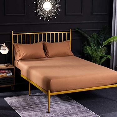 Imagem de Lençol com elástico de cor sólida, quatro cantos, lençol de cama de hotel, azul marinho, 138 x 190 x 35 cm (marrom California King 198 x 203 x 35 cm)