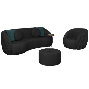Imagem de Conjunto Decorativo Sofá 240cm e Poltrona Clarke com Puff Round PU Preto - Gran Belo