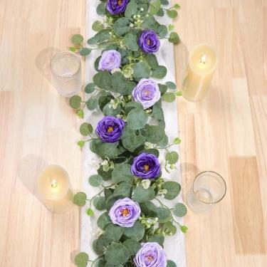 Imagem de Guirlanda de flores artificiais TOCHGREEN Eucalyptus com rosas roxas