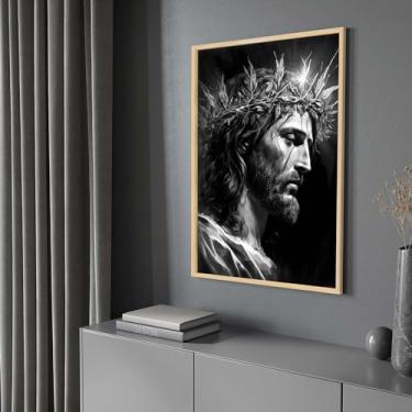 Imagem de Quadro com Moldura Jesus Coroa de Espinho Preto e Branco Decorativo Grande Sala Quarto Hall