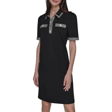 Imagem de Karl Lagerfeld Vestido essencial feminino com gola de tweed e manga bufante, Preto, M