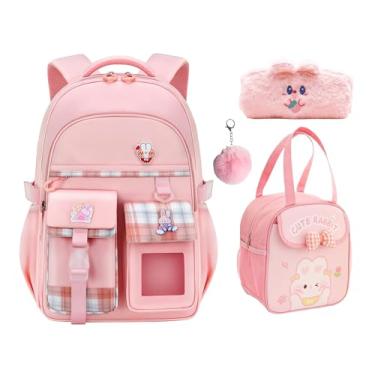 Imagem de Mochila Uamdrup Girl para crianças em idade escolar, bolsa rosa fofa com lancheira, bolsa escolar arco-íris, estojo para lápis (rosa, 3 unidades)