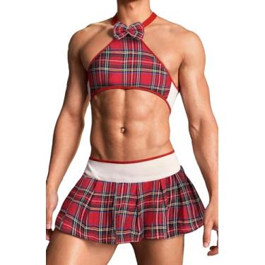 Imagem de FEOYA Conjunto de lingerie masculina Sissy, conjunto de saia/shorts xadrez, fantasia de Natal, Conjunto de saia com 2 peças, G