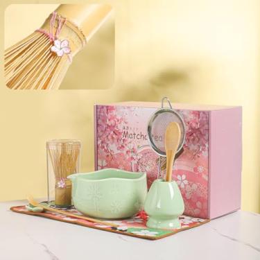 Imagem de DWEHIXBUY Conjunto de tigelas Matcha feitas à mão 8 peças - Xícaras de chá Chawan de cerâmica estilo japonês com arte floral e borda ondulada | Kit completo de cerimônia de chá Matcha em caixa de