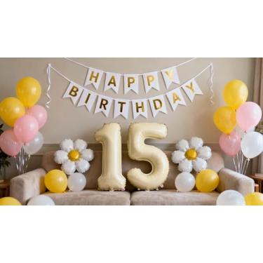 Imagem de Decorações de aniversário de 15 anos de margarida para meninas, faixa de aniversário de 15 anos número gigante 15 balões de folha de margarida rosa amarelo branco balões de látex para meninas de 15