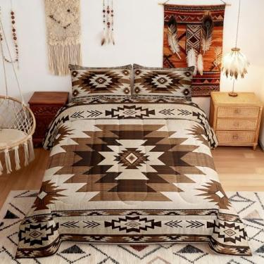 Imagem de Conjunto de cama boêmio, solteiro, 2 peças, listras xadrez tribal, marrom, para crianças, adolescentes e adultos, étnico, vintage, quadriculado, geométrico, conjunto de edredom com 1 fronha