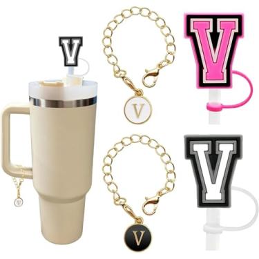 Imagem de Pacote com 4 capas de canudo de letras de silicone para copos Stanley, tampas de palha do alfabeto reutilizáveis, acessórios personalizados para garrafa de água (letra V)