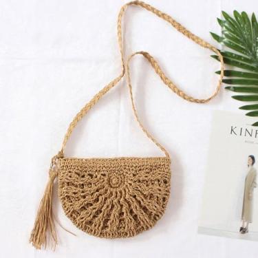 Imagem de Bolsa tiracolo de palha Bohemia com zíper bolsa de ombro meia redonda (marrom), Branco