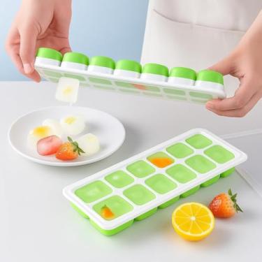 Imagem de 2 bandejas de gelo de 14 cubos para freezer, silicone fácil de liberar com tampas resistentes a derramamentos, molde de gelo reutilizável para coquetéis ou café gelado, amarelo