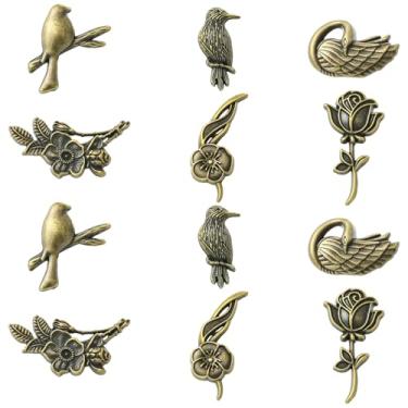 Imagem de UR URLIFEHALL 12 peças 6 estilos distintivos de bronze antigo animal pássaro flor lapela alfinetes para roupas cachecol chapéus jeans artesanato clipes fixadores