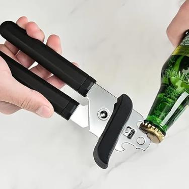 Imagem de Abridor de lata manual, alças macias, fáceis de girar, abridores de latas resistentes para idosos aço inoxidável E-preto