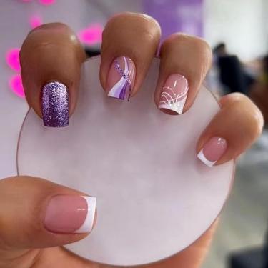 Imagem de Kit de unhas de pressão quadradas médias francesas brancas com design de glitter roxo acrílico artificial prensas falsas cobertura completa para mulheres uso diário manicure casamento 24 peças