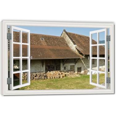 Imagem de Lenha empilhada, impressão artística de ilusão de janela falsa, arte de parede com vista panorâmica real para sala de estar 20 x 30 cm emoldurada