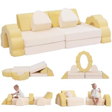 Imagem de LOAOL Sofá infantil 10 peças, sofá modular para crianças, sofá infantil de espuma multifuncional, sofá conversível imaginativo para sala de jogos (tamanho médio, amarelo + bege)