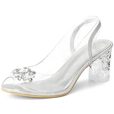 Imagem de Perphy Sandálias femininas de salto bloco Peep Toe com strass transparente, Prata, 37