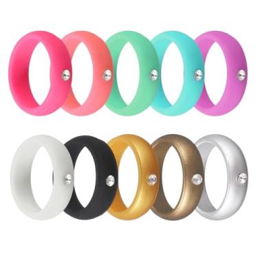 Imagem de YELARXI Anéis de silicone com strass, aliança de casamento de borracha, anéis de noivado masculinos e femininos - adequado para (esportes ao ar livre/academia/noivado/casamento/lembrança), 10 peças