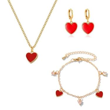Imagem de ONLYJUMP 5 pares de brincos de coração vermelho amor colar pulseira e anel conjunto de joias para mulheres bonito cristal coração broches esmalte vermelho moda simples jóias, Large, Liga de aço