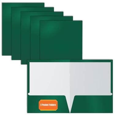 Imagem de Pasta de papel verde escuro laminada brilhante com 2 bolsos, caixa com 25, tamanho de letra, pasta de papel verde escuro da Better Office Products