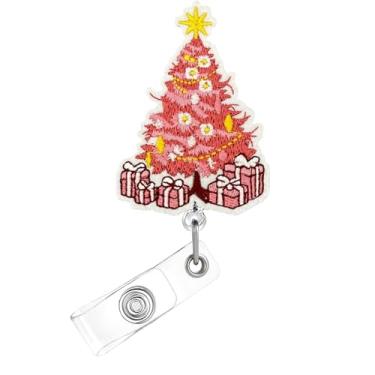 Imagem de Carretel de crachá de Natal, emblema bordado de feltro de árvore para crachá de identificação, suporte retrátil de estrela de presente, acessórios de clipe de jacaré para enfermeiras, trabalhadores