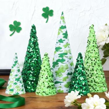 Imagem de 6 peças 30,5 cm, 25,4 cm, 15,2 cm, decoração de mesa de árvore de cone do dia de São Patrício, placa de mesa com trevo verde em camadas, decoração de mesa para festa de São Patrício, lareira e enfeite