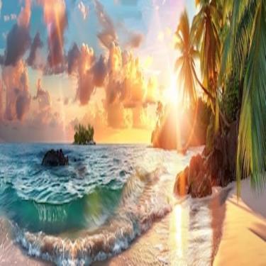 Imagem de Quadro decorativo Paisagem de praia com pôr do sol e palmeiras - Arte moderna para sala e quarto 40x40cm