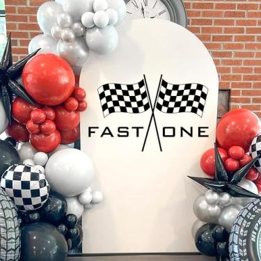 Imagem de Fundo de festa de aniversário com bandeira quadriculada Fast One Racing, adesivo de parede de arco redondo, adesivo de arco redondo, suprimentos para festa de aniversário, preto e branco