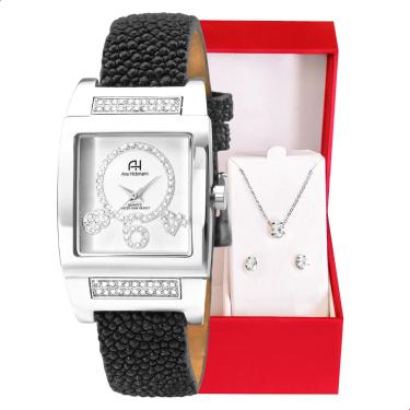 Imagem de Kit Relógio Feminino Champion Ana Hickmann Analógico Quadrado Couro AH28062Q Cristais Colar e Brincos