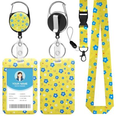 Imagem de Soleebee Porta-crachá de identificação com cordão, emblemas de identificação de flores amarelas fofos e cordão destacável, chaveiro retrátil, carretel de crachá resistente para enfermeiras, estudantes